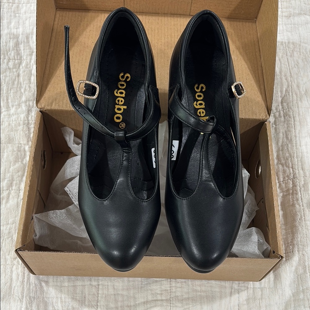 Black T-Strap Heels with Glossy Finish